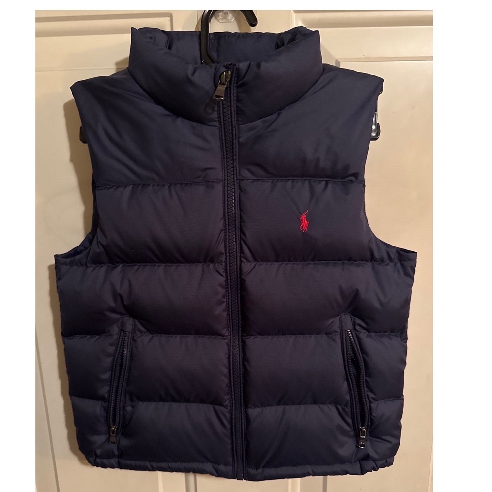 Polo Ralph Lauren Puffer Vest Full Zip Navy Red Pony Logo Warm School Kids Sz 5